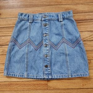 We Steal The Moon Rainbow Zig Zag Stitch Button-Front Denim Jean Mini Skirt